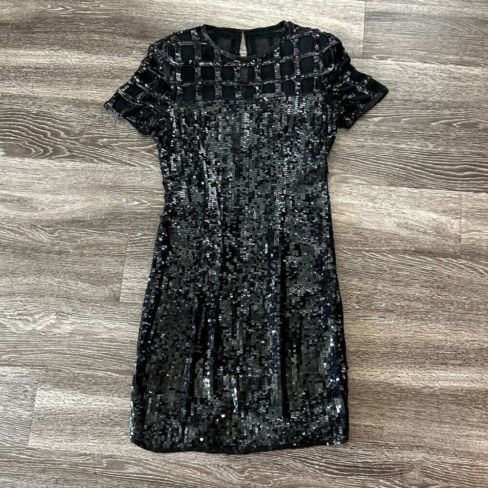 A.J. Bari Vintage 80s‎ Silk Sequin Beaded Cocktail Dress Black Size 8